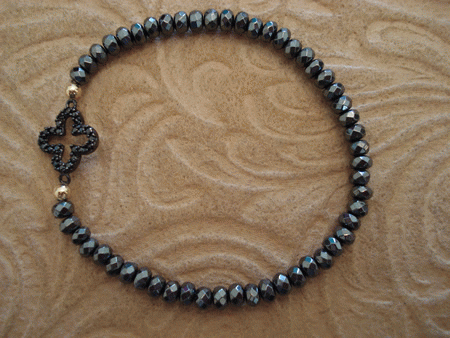 Model # 2401 Hematite Stone with Sterling Silver Black Cubic Zirconia Clover
